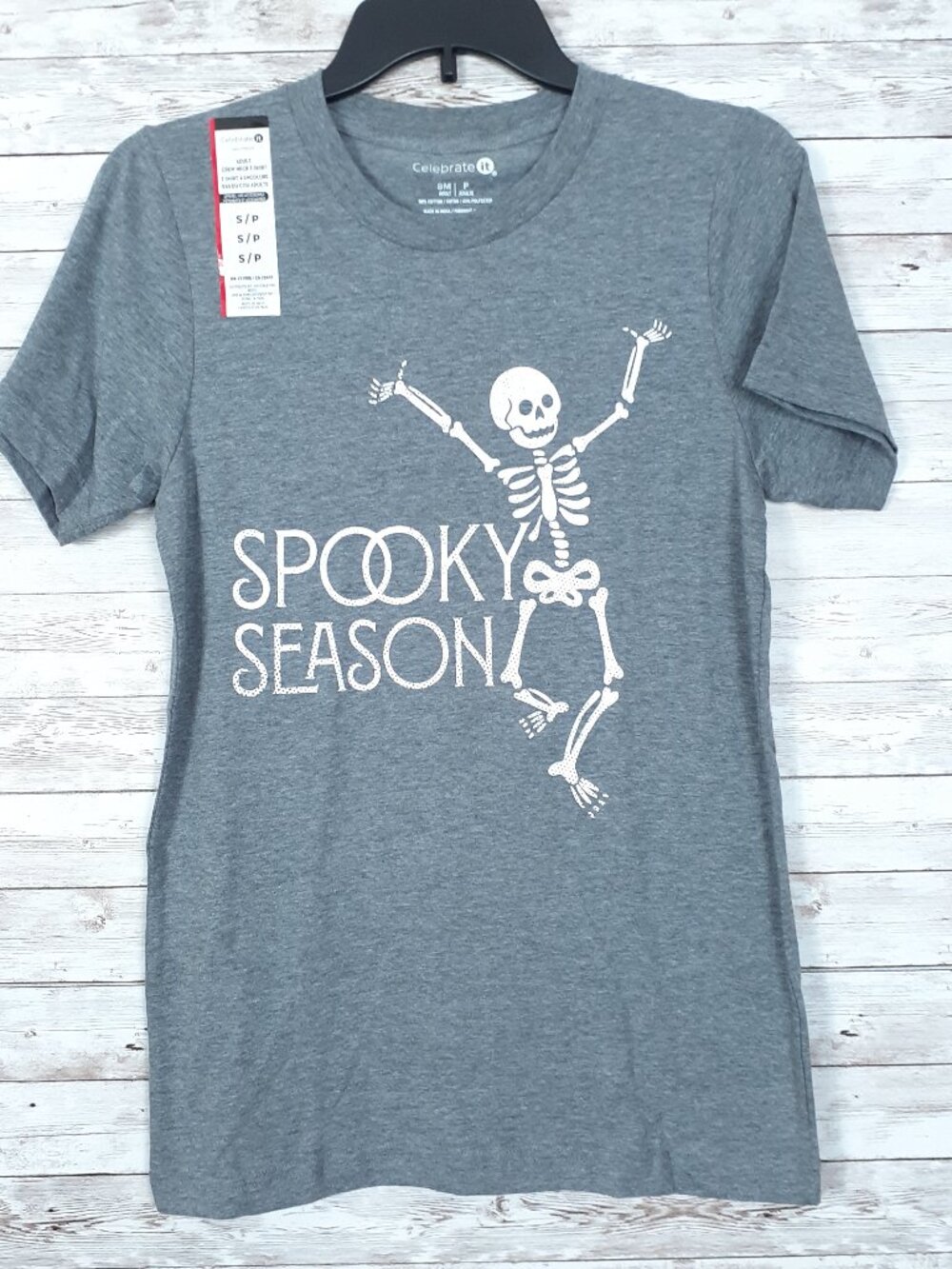Halloween Adult Crew Neck T-Shirt S Tee Spooky Season Skeleton Gray 983A